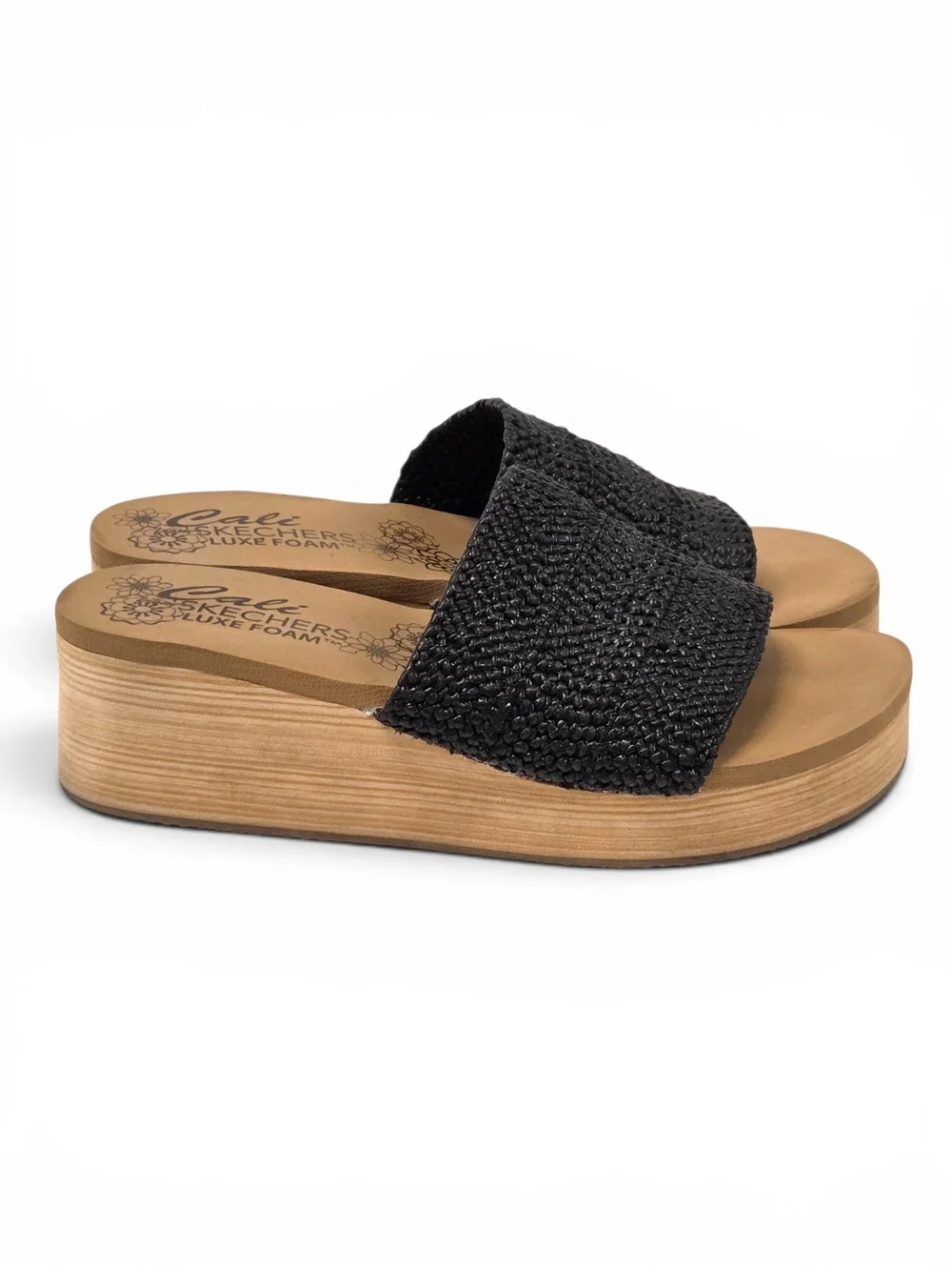 Cali from Skechers Luxe Foam Black Woven Wedge Sandals - Size 8 EUC